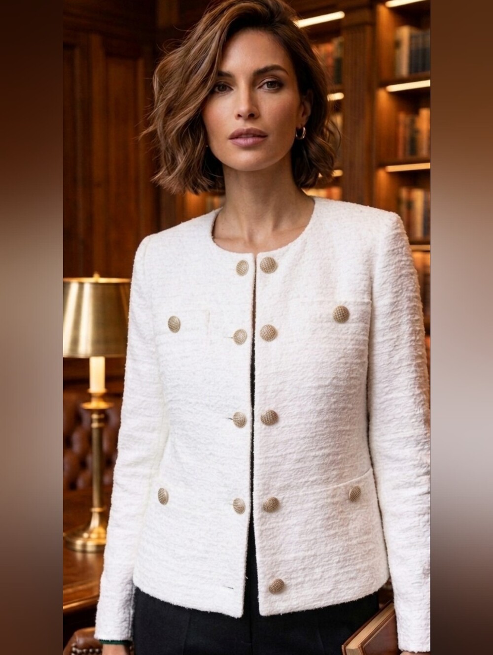 Ecru Tweed Jacket Gold Buttons Quiet Luxury M